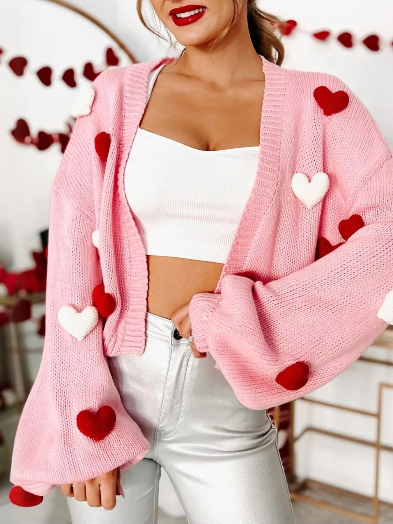 Pink Womens Puff Hearts Cardigan with Heart Pom-Poms