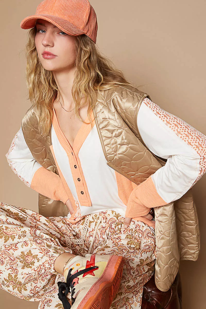 POL Front Zipper Floral Pattern Quilted Vest Coat with Front Pockets | Vest Coats Daverri Fashions