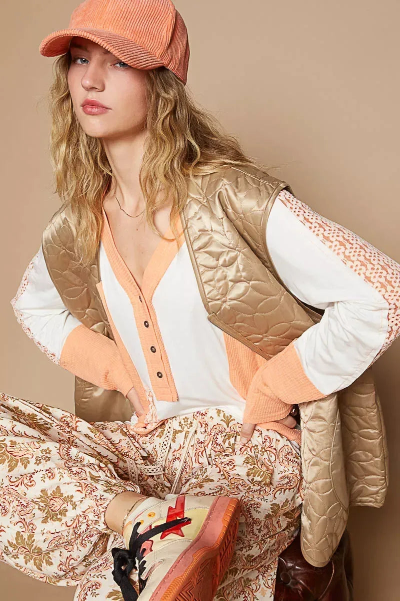 POL Front Zipper Floral Pattern Quilted Vest Coat with Front Pockets - DAVERRI FASHIONS