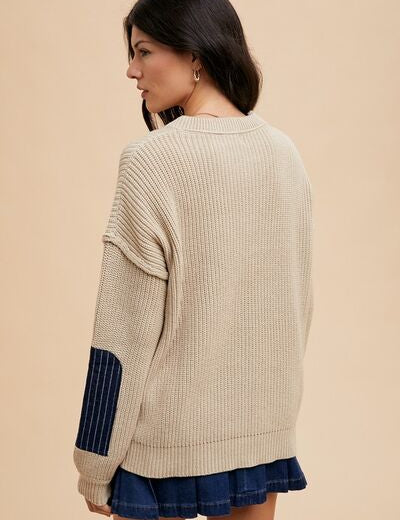 Annie Wear Contrast Round Neck Drop Shoulder Sweater with Patch Pocket