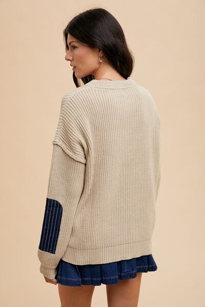 Annie Wear Contrast Round Neck Drop Shoulder Sweater with Patch Pocket Sweaters