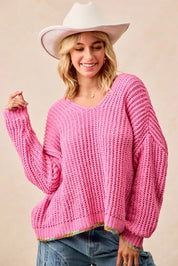 BiBi V-Neck Sweater with Colorful Trim | Daverri Fashions