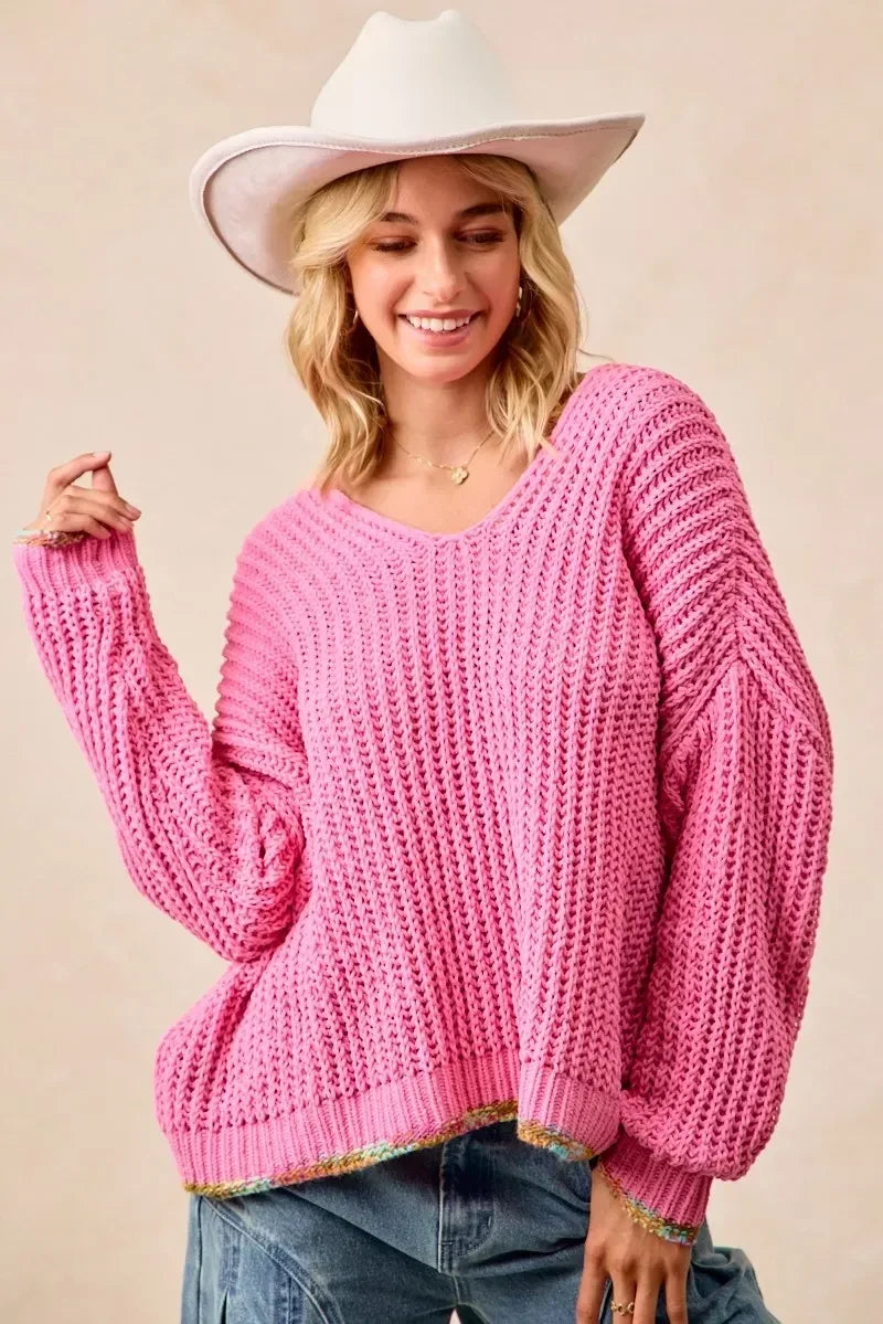 BiBi V-Neck Sweater with Colorful Trim - DAVERRI FASHIONS