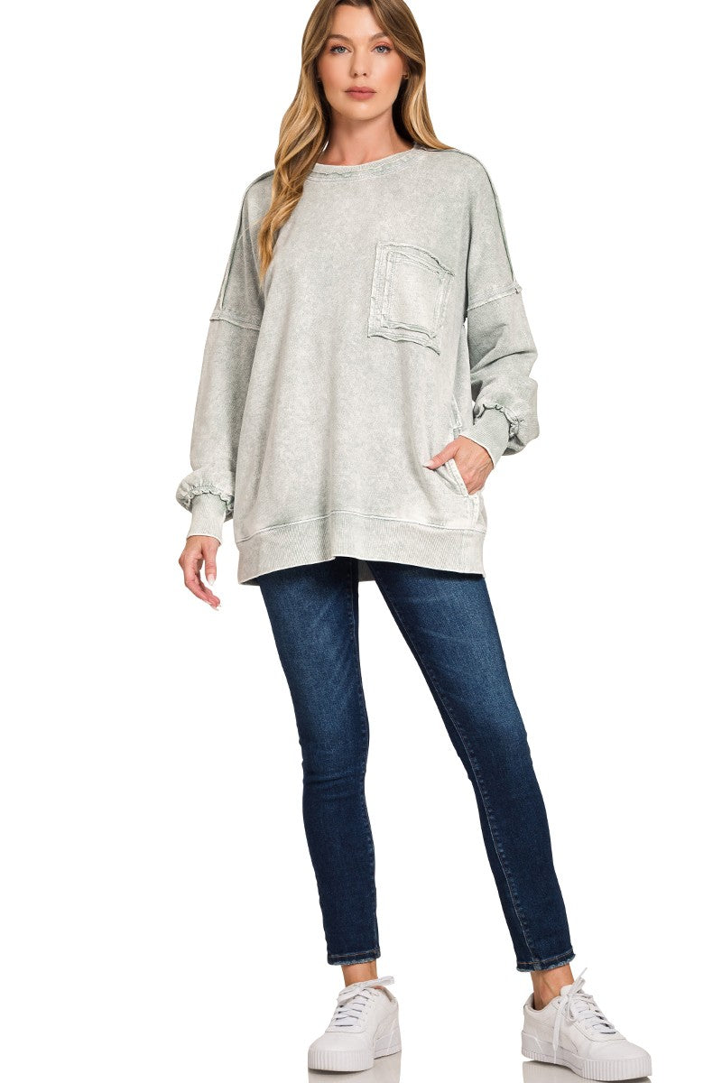 Zenana Halo washed French terry sweatshirt, light gray oversized distressed look with ruched cuffs
