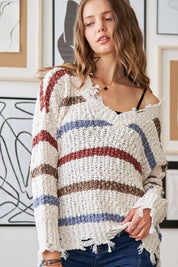 BEIGE MULTI ADORA Frayed Edge Stripe Sweater | Sweaters Daverri Fashions