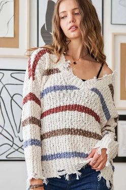 ADORA Frayed Edge Stripe Sweater - DAVERRI FASHIONS