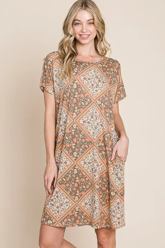 BOMBOM Multicolored Leaves Jacquard Dress Camel