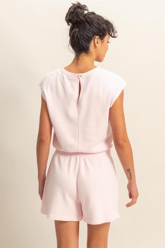 HYFVE Round Neck Cap Sleeve Drawstring Waist Romper Rompers