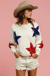 BiBi Velvet Sequin Star Patches Sweater Top | Sweaters Daverri Fashions