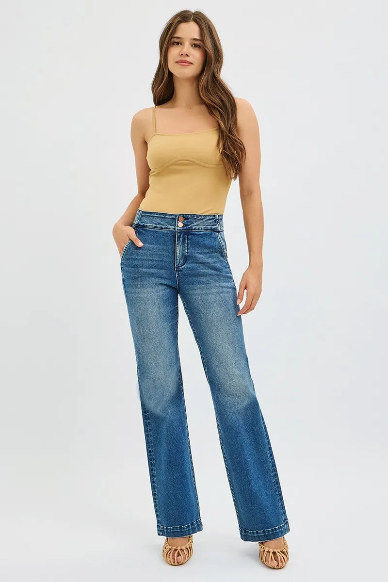 RISEN Full SIze Tummy Control High Rise Bootcut Jeans with Double Button Waistband Plus SIze | Daverri Fashions