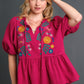 Umgee Full Size Cotton Gauze Floral Embroidery Babydoll Blouse Plus Size Deep Rose M Blouses