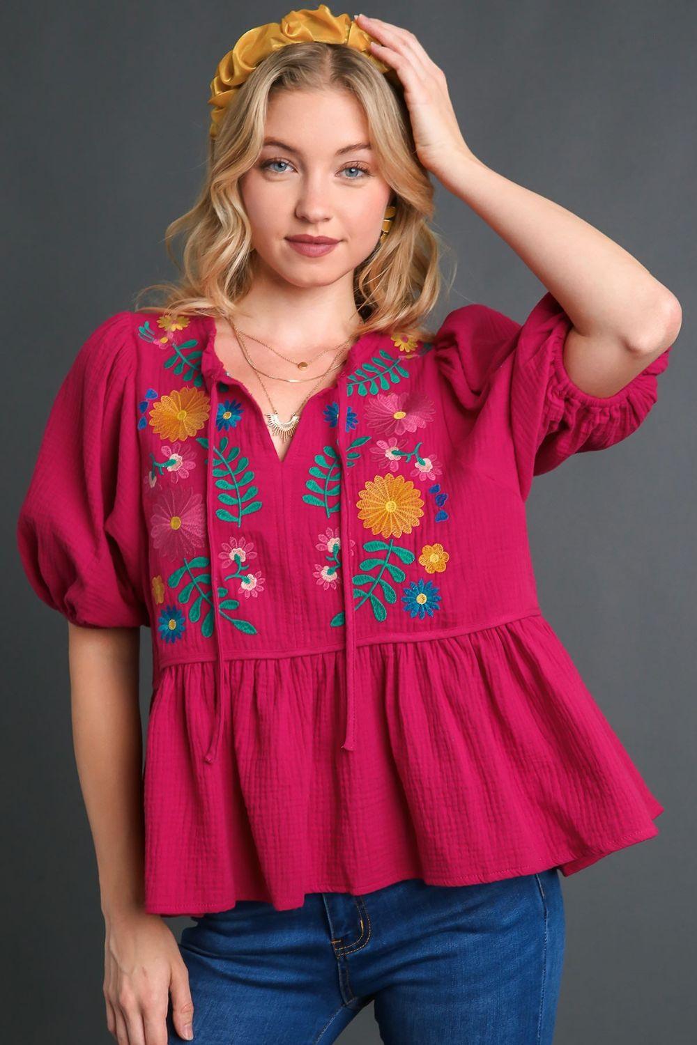 Umgee Full Size Cotton Gauze Floral Embroidery Babydoll Blouse Plus Size Deep Rose M Blouses