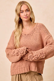 BiBi Chunky Knit Sweater with Flower Detail Sleeves | Sweaters Daverri Fashions