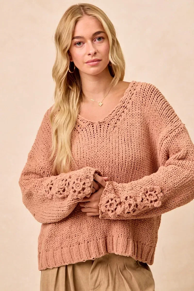 BiBi Chunky Knit Sweater with Flower Detail Sleeves - DAVERRI FASHIONS
