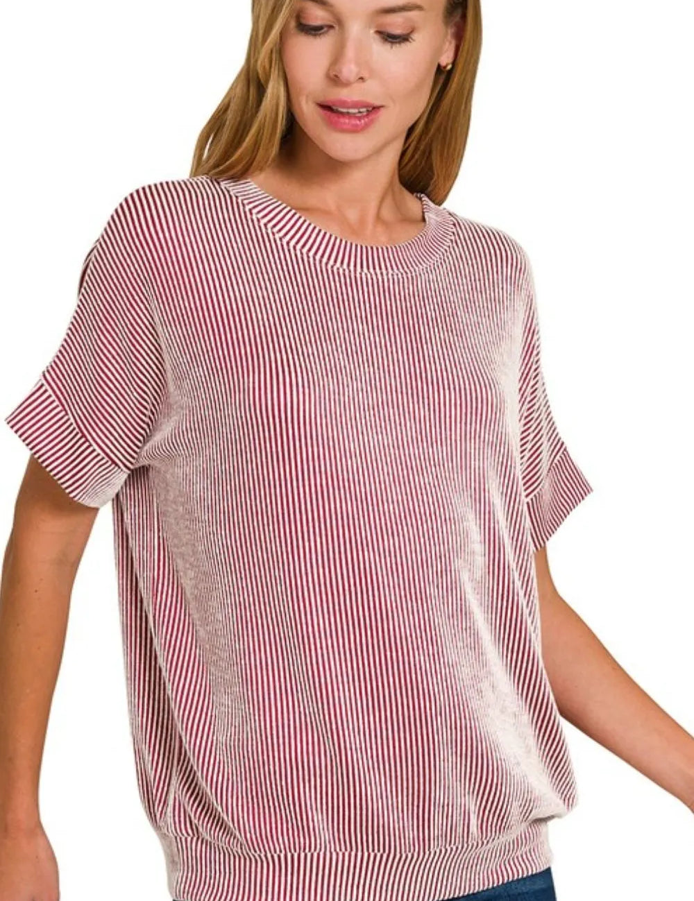DK RED Zenana Corded Rib Short Sleeve T-Shirt | Daverri Fashions