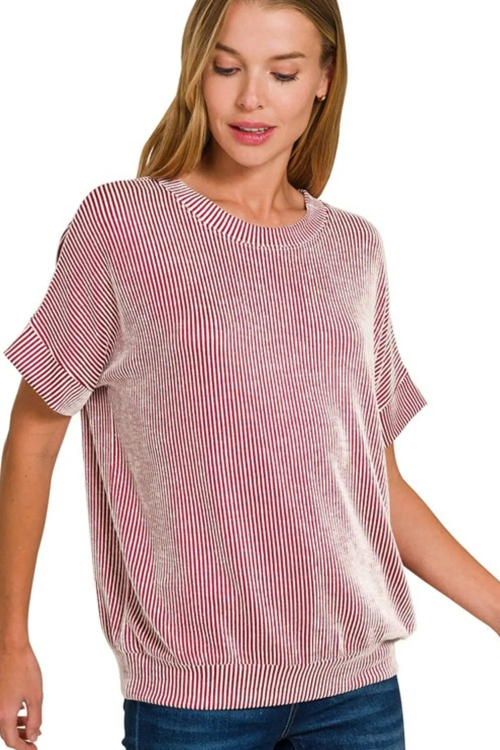 Zenana Corded Rib Short Sleeve T-Shirt DK RED