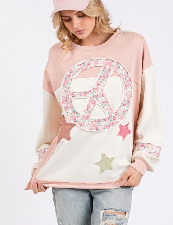 SAGE + FIG Peace & Star Patch Contrast Round Neck Sweatshirt Blush Pink S