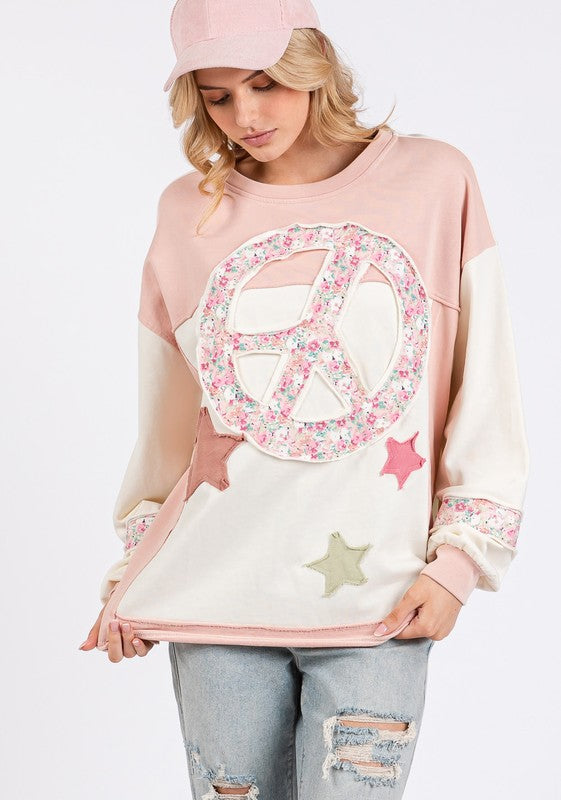 SAGE + FIG Peace & Star Patch Contrast Round Neck Sweatshirt Blush Pink S