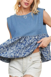 ADORA Sleeveless Denim Contrast Top | Daverri Fashions