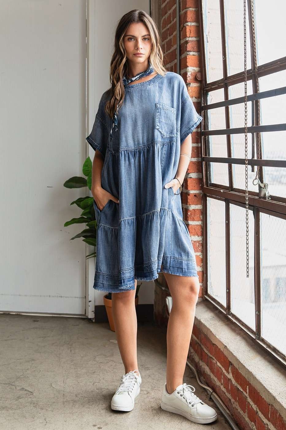 Mittoshop Washed Chambray Denim Oversized Tier Mini Dress Mini Dresses