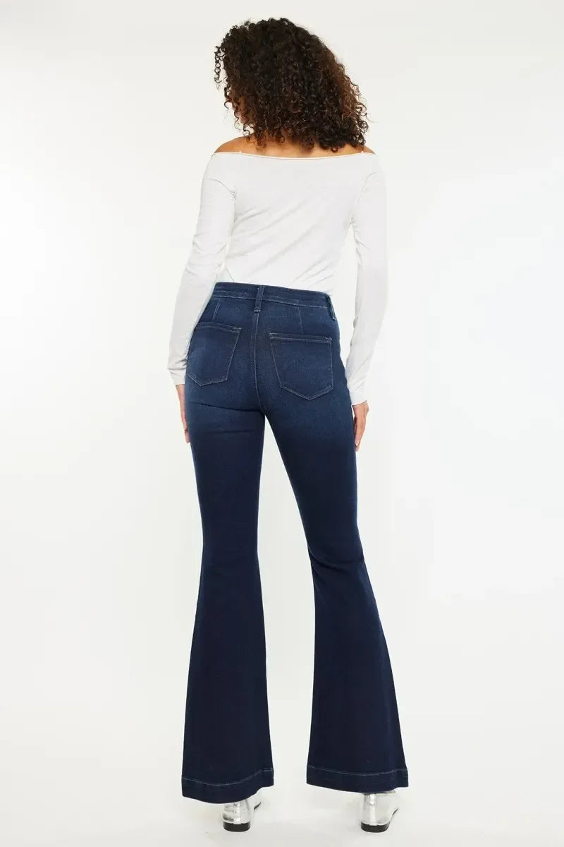 Kancan Button Fly High Rise Distressed Flare Jeans - DAVERRI FASHIONS