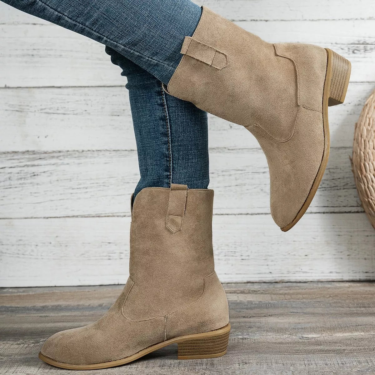 Khaki Lexi Suede Block Heel Western Boots | Boots Daverri Fashions