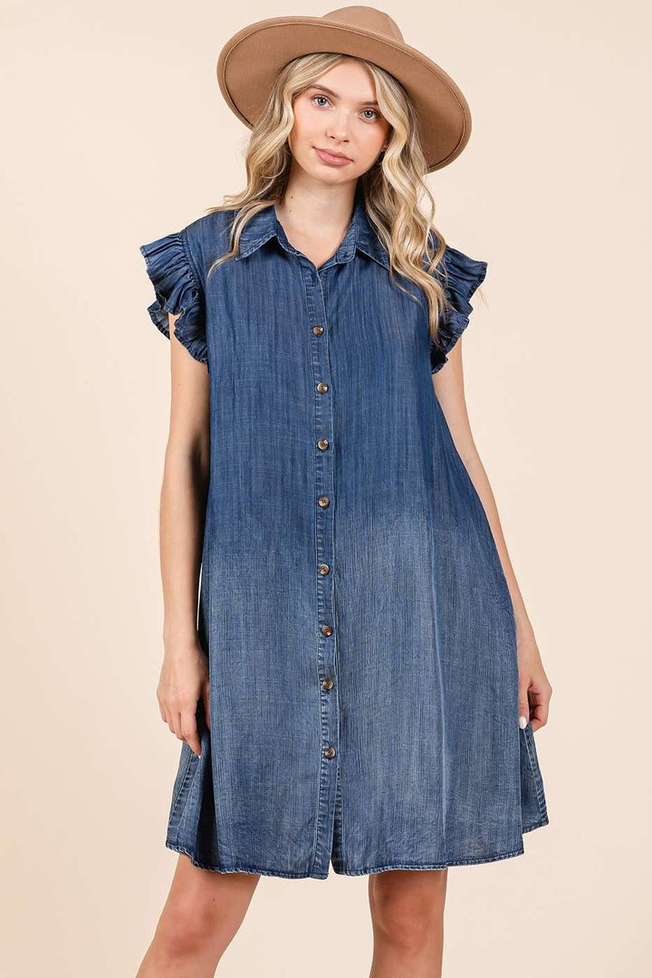 Mittoshop Washed Chambray Ruffle Sleeve Buttoned Mini Dress Mini Dresses