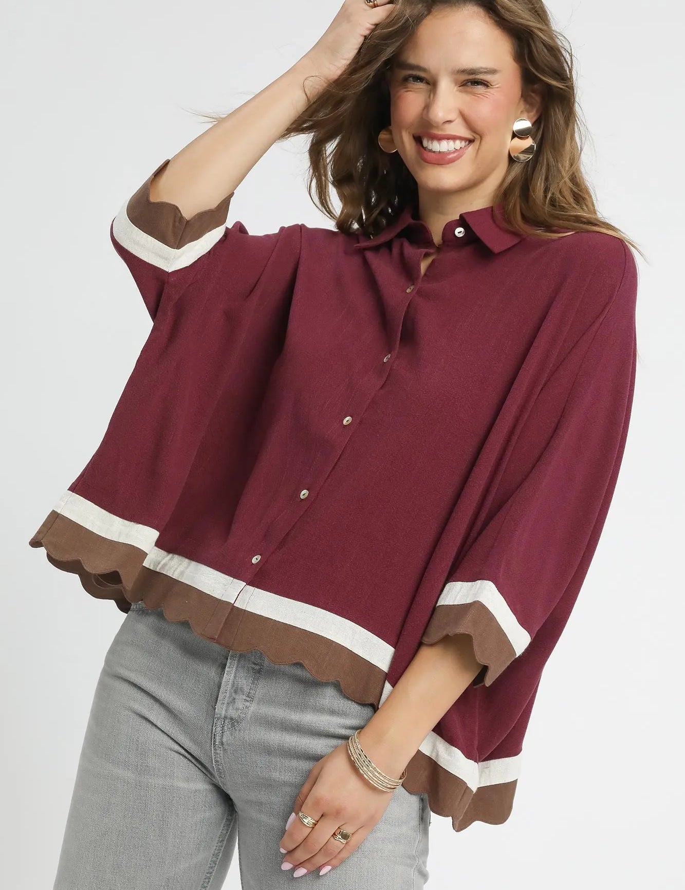 MERLOT L Umgee Colorblock Button-Down Shirt with Scallop Hem | Tops Daverri Fashions