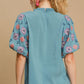 Umgee Full Size Embroidered Puff Sleeve Mock Neck Top Plus Size