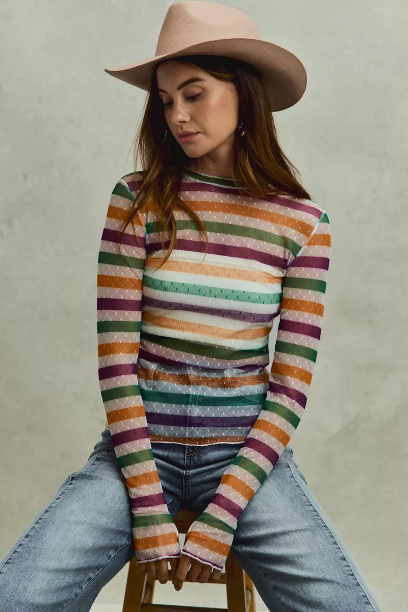 SO ME Mardi Gras Color Stripe Stretch Mesh Top on woman