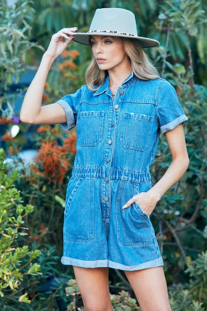 Veveret Elastic Waistband Denim Romper Rompers