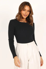 Black Lettuce Edge Round Neck Long Sleeve Top | Tops Daverri Fashions