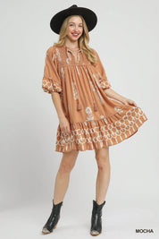 Umgee Boarder Print Tassel Tie Neck Mini Dress | Mini Dresses Daverri Fashions