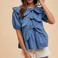 Annie Wear Stripe Front Bow Denim Peplum Blouse MEDIUM DENIM