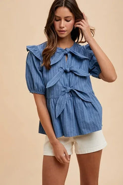 Annie Wear Stripe Front Bow Denim Peplum Blouse - DAVERRI FASHIONS