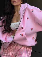 Cherry Print Oversized Zip-Up Hoodie | Hoodies Daverri Fashions