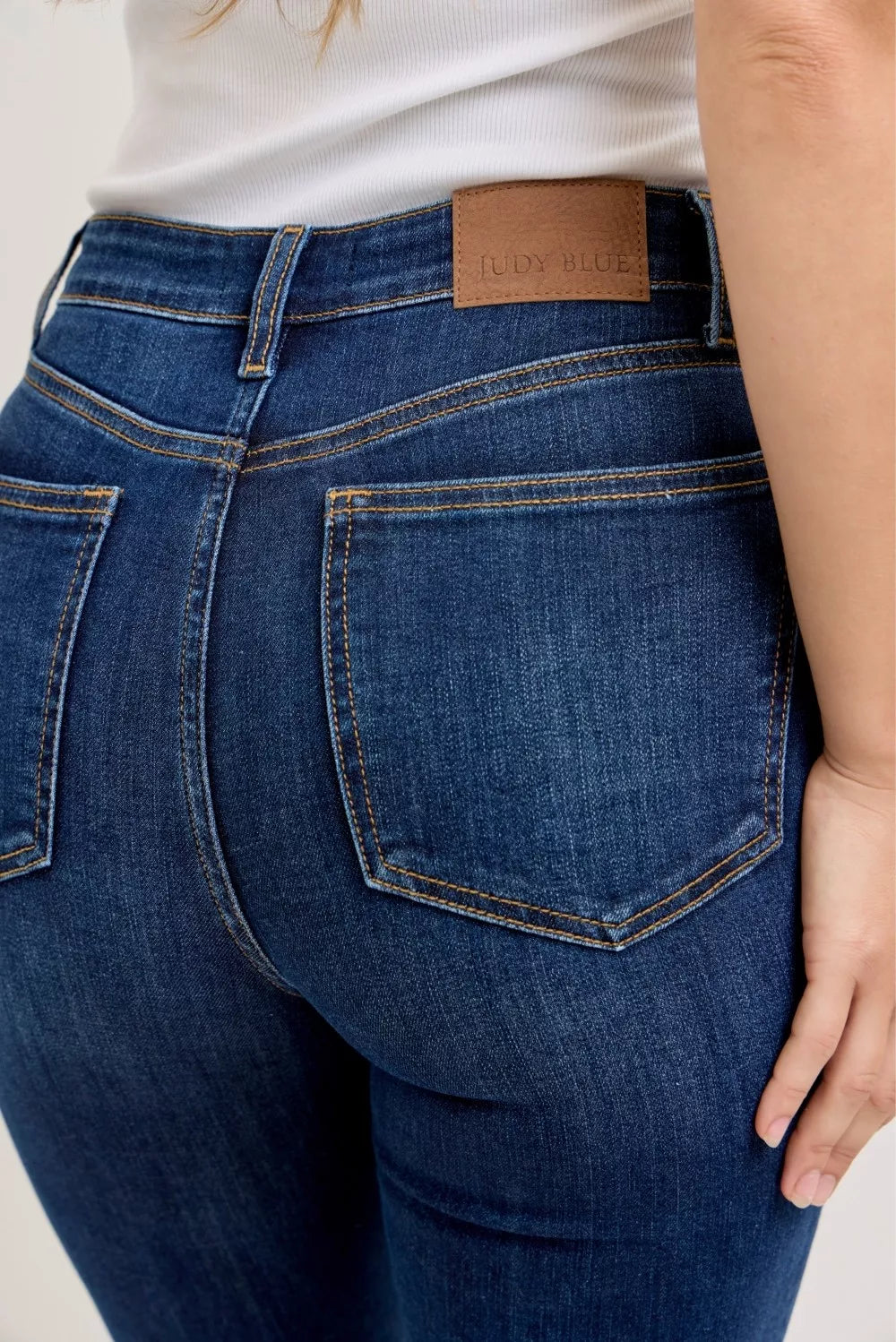 Judy Blue high waist capri jeans with single cuff and lady blue leather patch