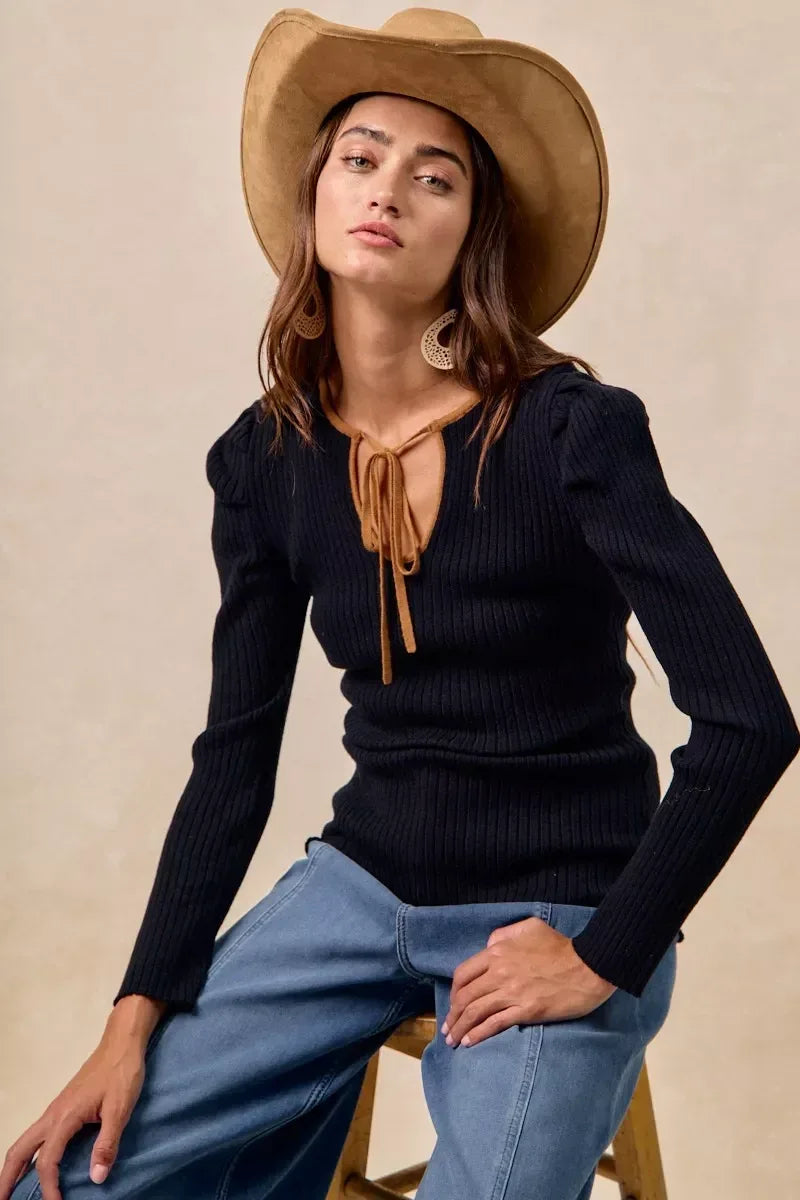 BiBi Ribbed Contrast Front Tied Shirred Fabric Top - DAVERRI FASHIONS