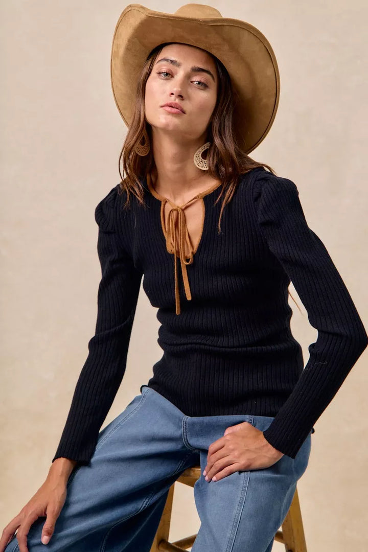 BiBi Ribbed Contrast Front Tied Shirred Fabric Top | Tops Daverri Fashions