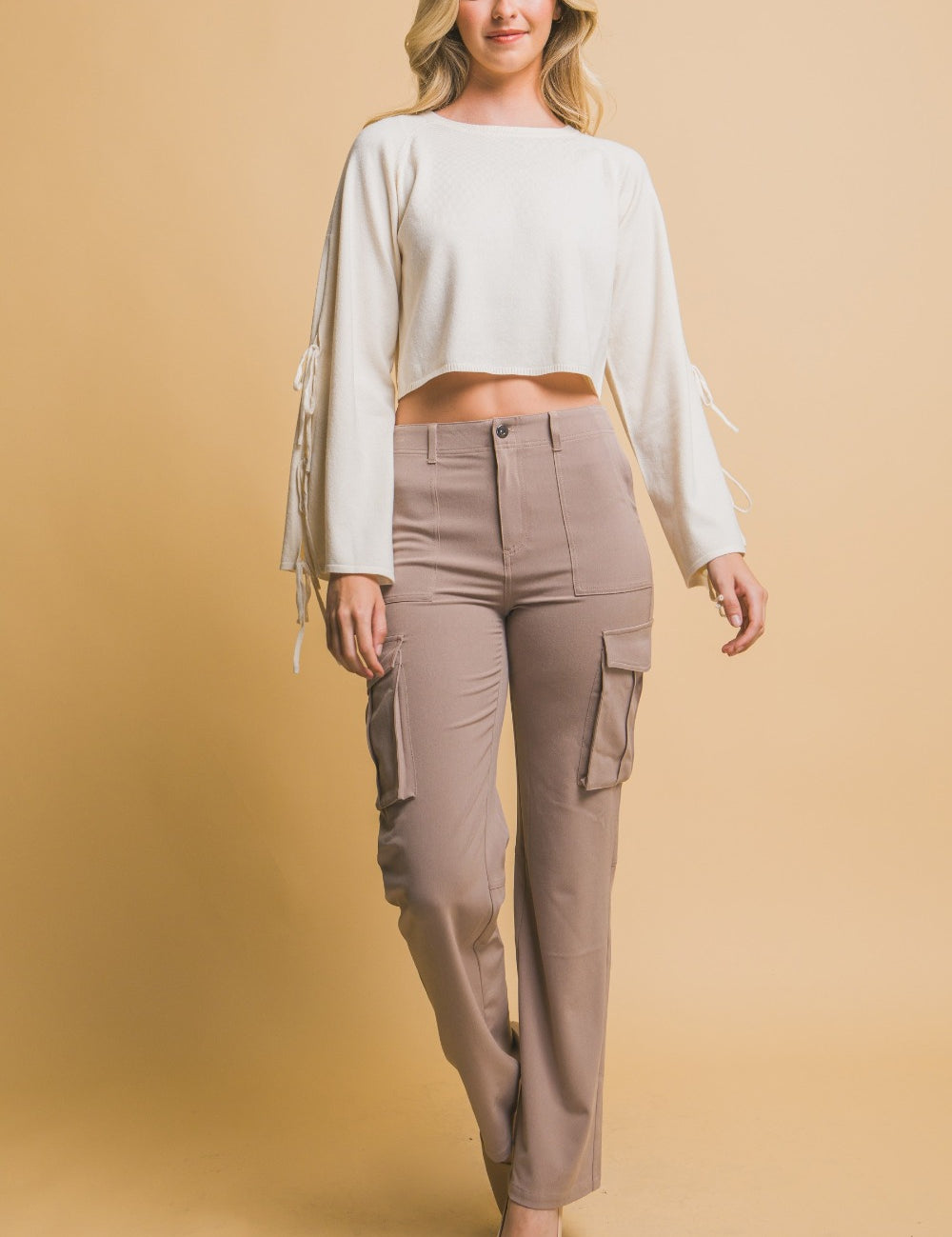 Love Tree High Rise Cargo Pants with Pockets Taupe L Bottoms