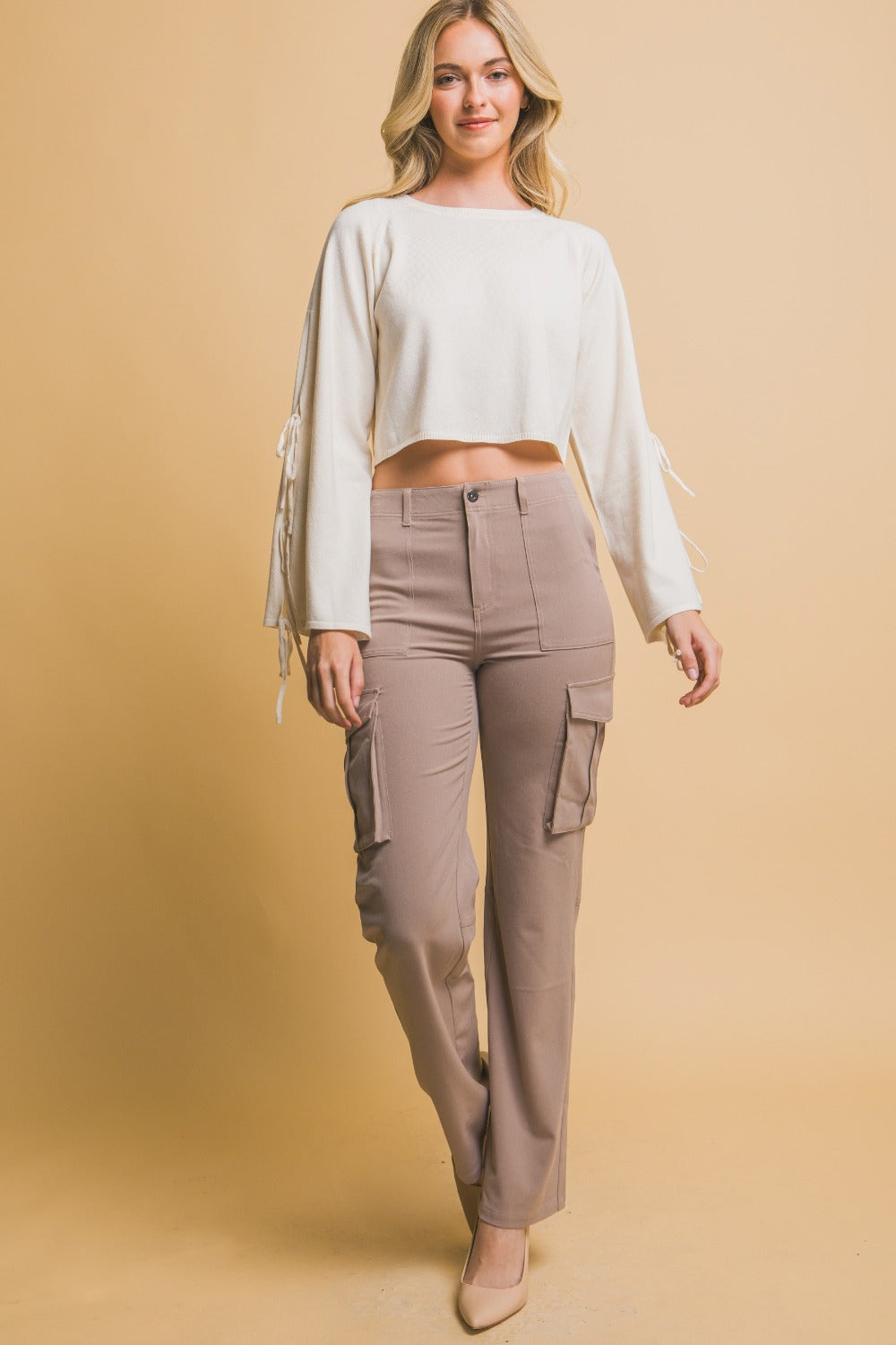 Love Tree High Rise Cargo Pants with Pockets Taupe L Bottoms