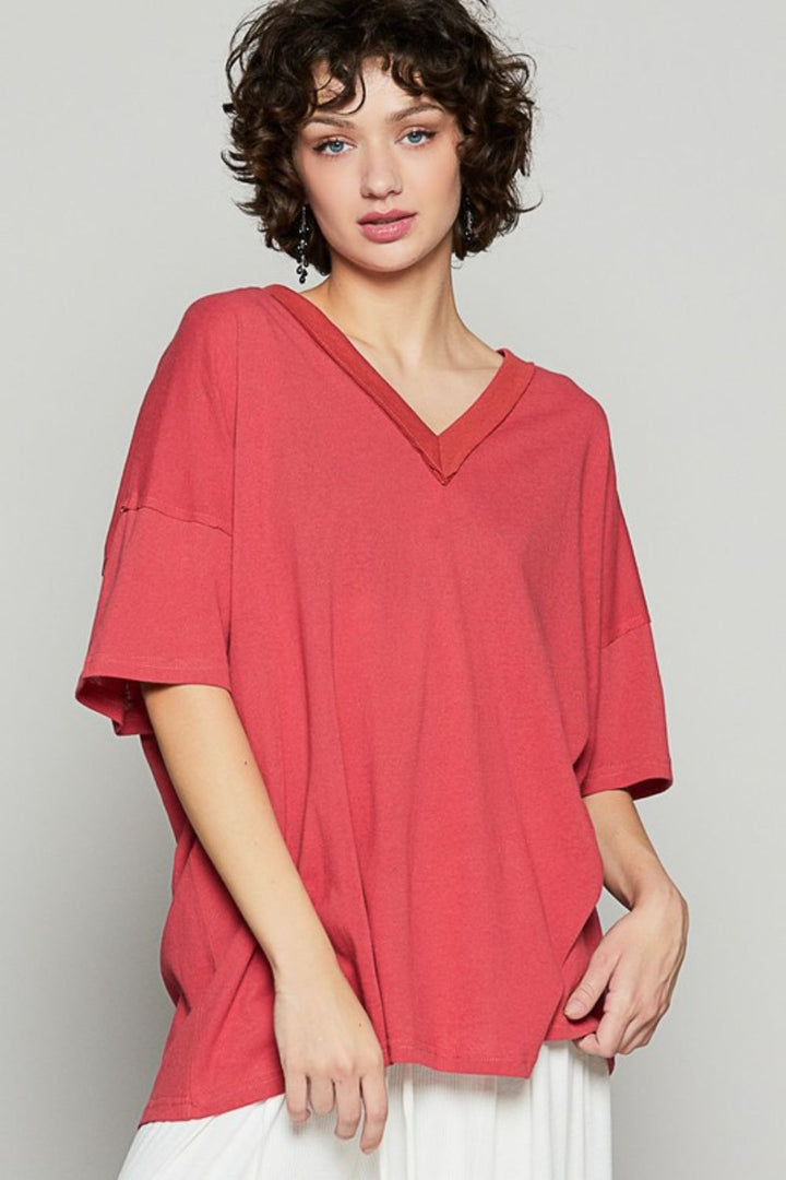 POL V-Neck Half Sleeve T-Shirt TOMATO T-Shirts