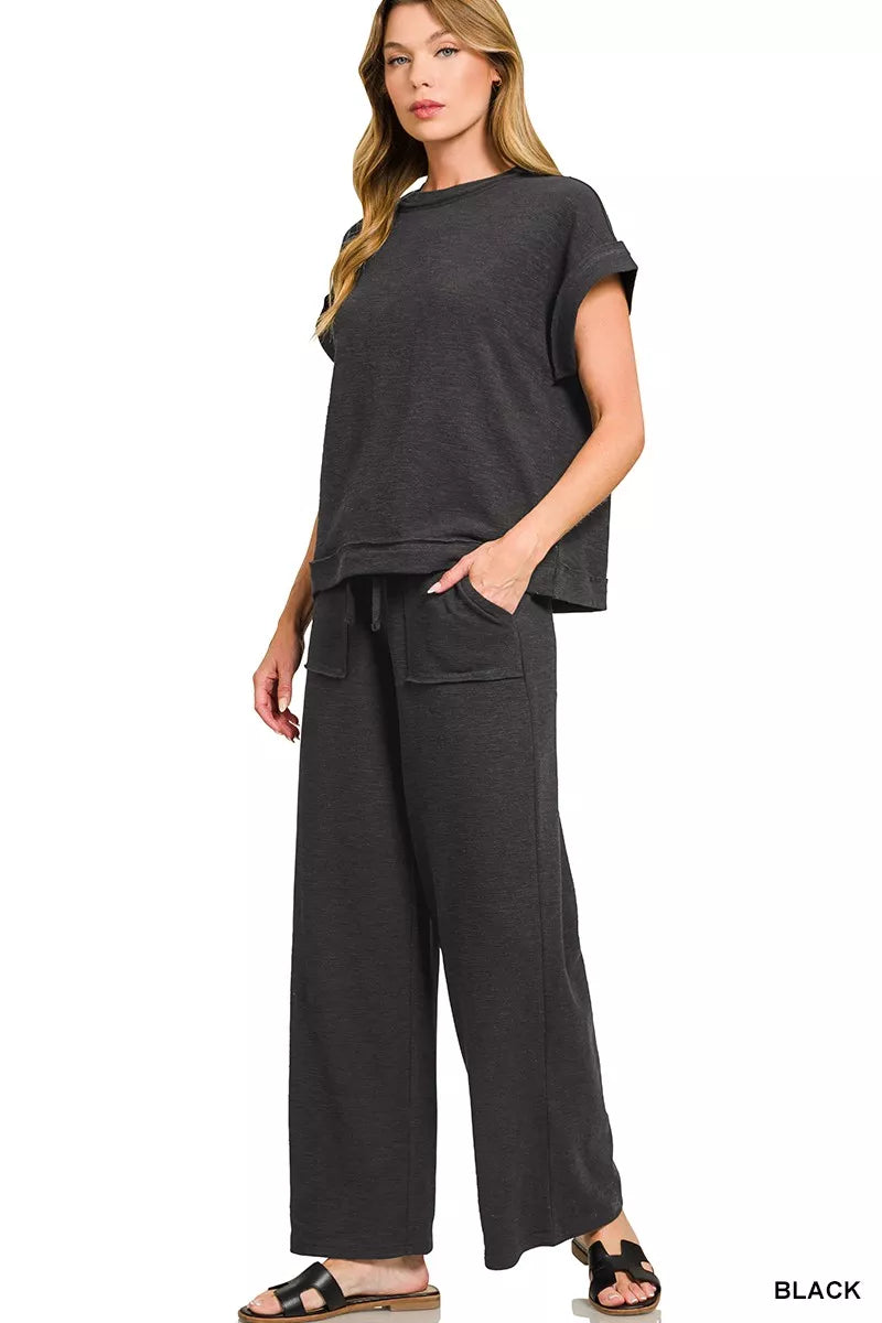 Zenana Cotton Slub black oversized t-shirt with rolled sleeves and wide-leg pants