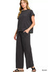 Zenana Cotton Slub black oversized t-shirt with rolled sleeves and wide-leg pants