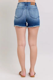 Judy Blue Full Size V-Front Denim Shorts with Shield Pockets Plus Size | Daverri Fashions