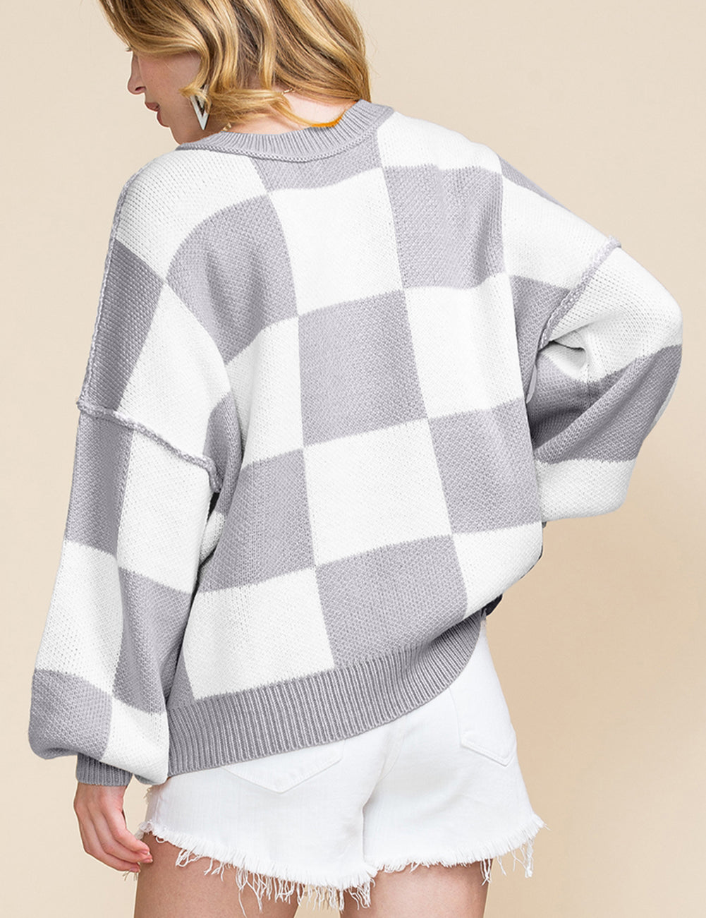 Checkered Bishop Sleeve Sweater | Sweaters Daverri Fashions