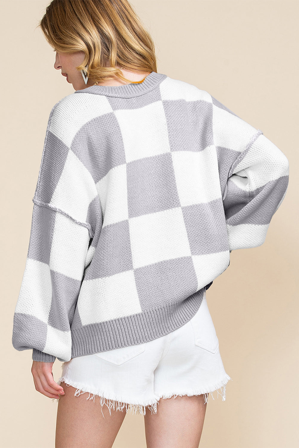 Checkered Bishop Sleeve Sweater | Sweaters Daverri Fashions