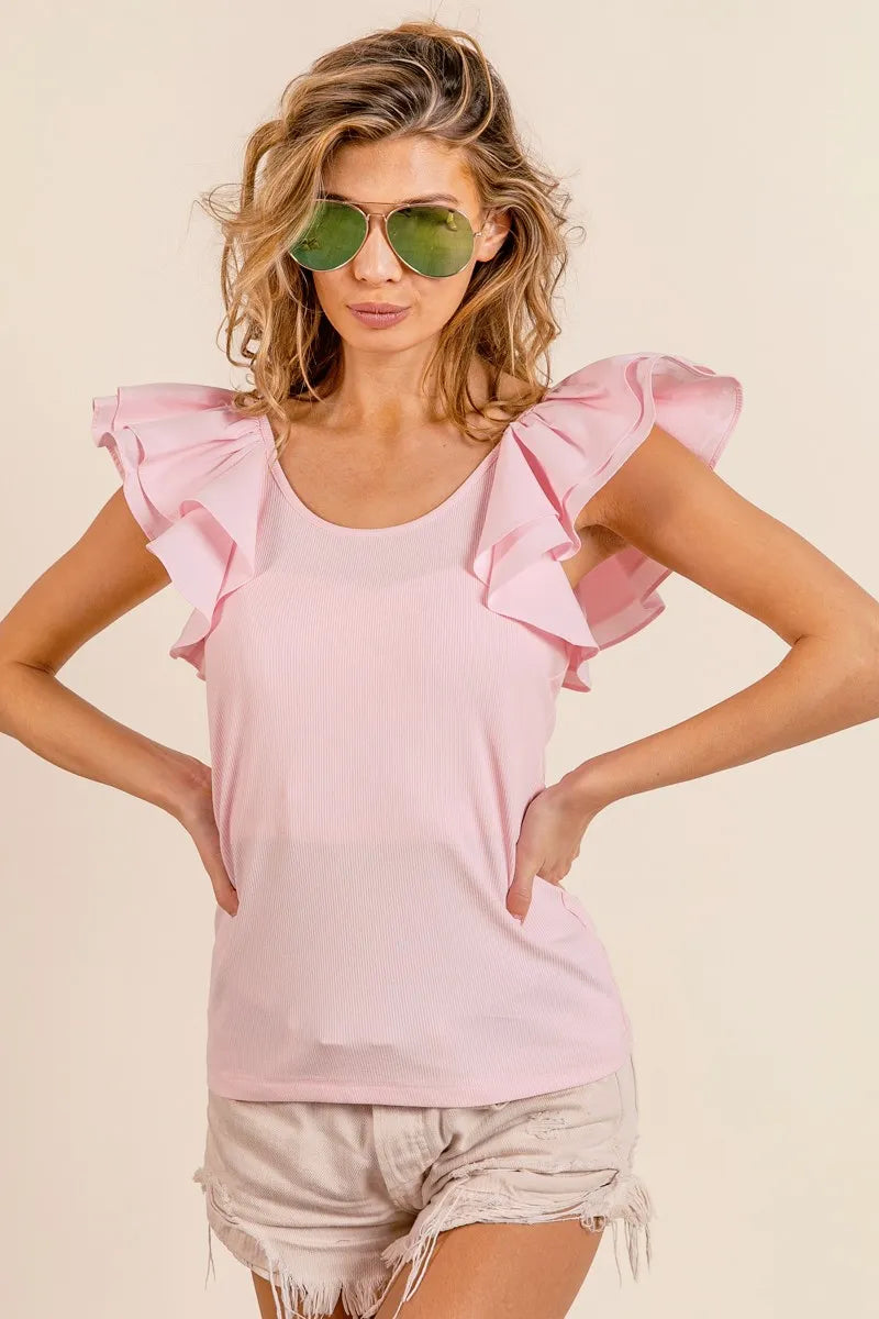 BiBi Wide Layered Ruffle Sleeve Scoop Neck Ribbed Top Tops