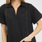 Black eyelet Umgee short sleeve shift dress with gold stitching, collar and pocket