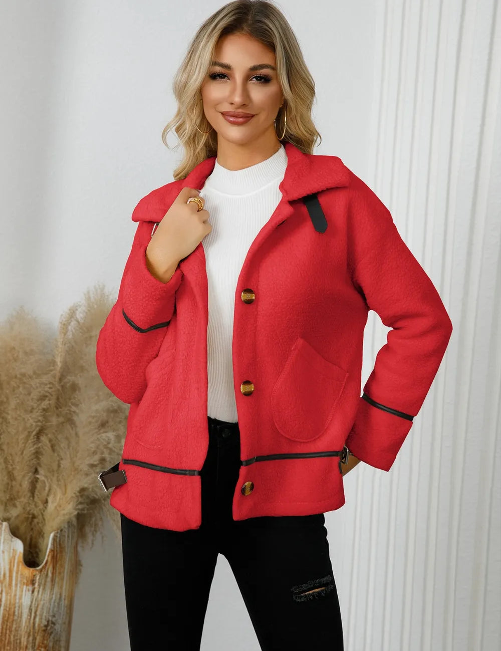 Deep Red Pocketed Button Down Collared Neck Jacket | Jackets Daverri Fashions